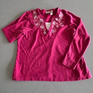 Classic Elements Pink Floral Embroidered Split V-Neck Long Sleeve Cotton Top L